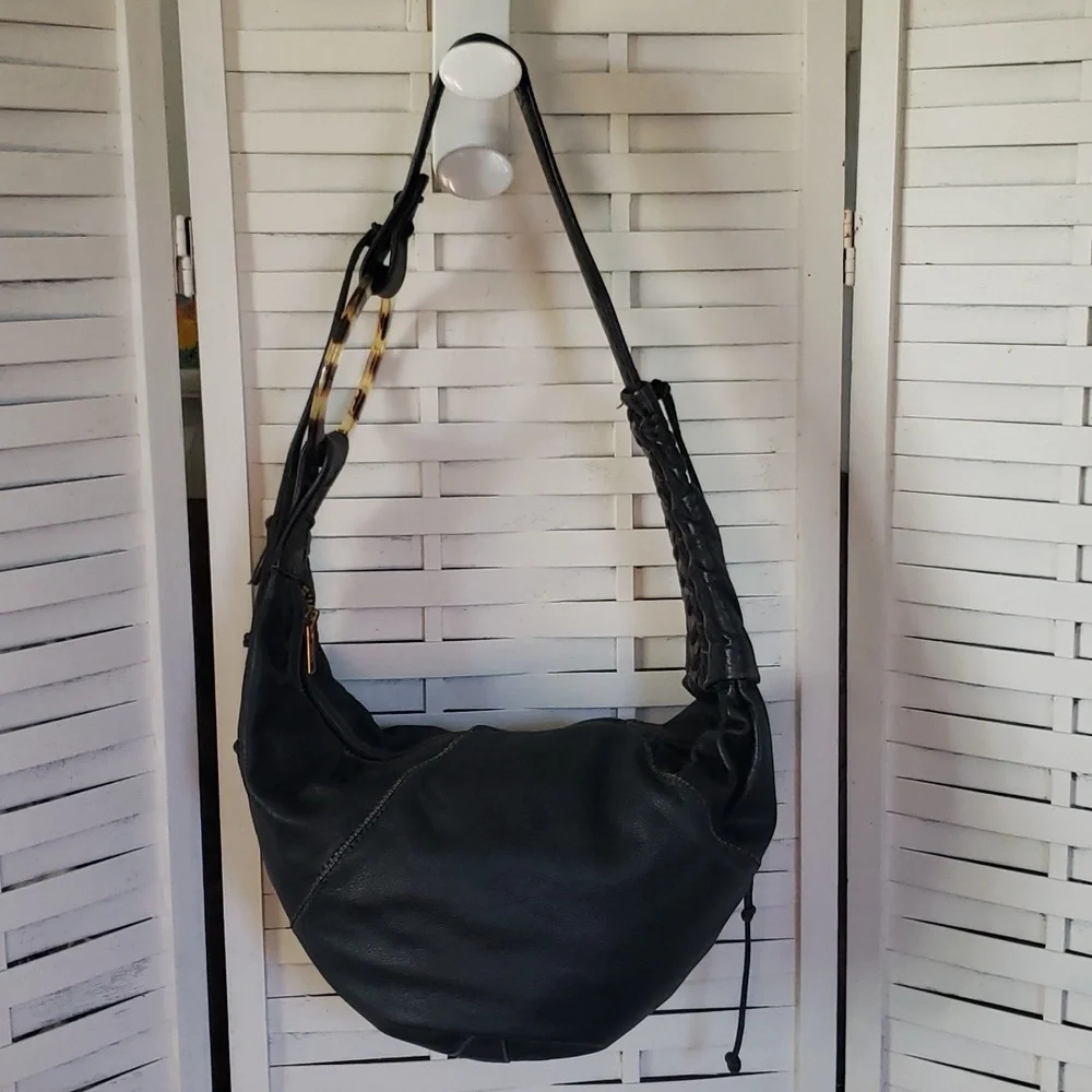 Agatha Blois Black Distress Leathet Shoulder Bag with Tortoiseshell Accent